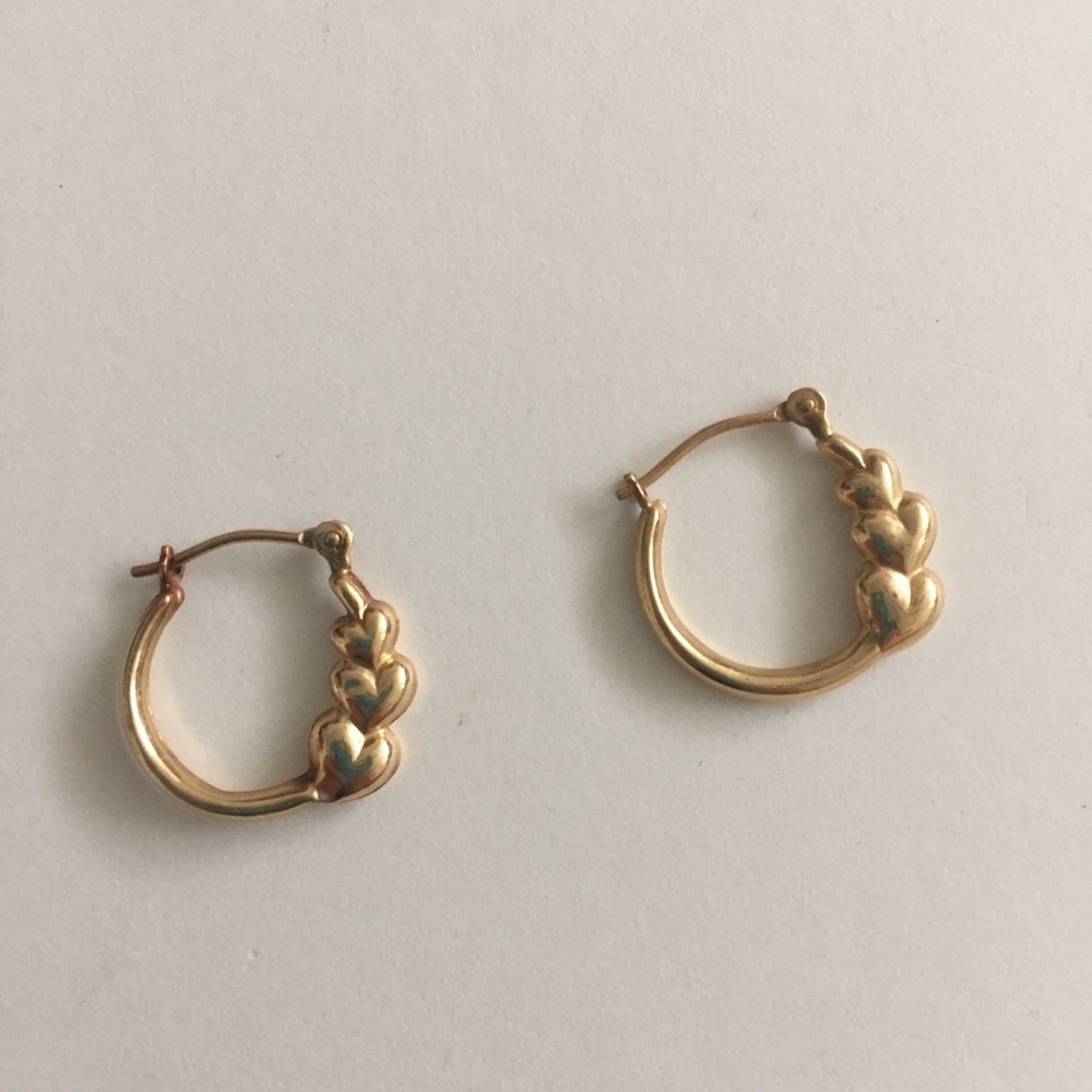 14K Yellow Gold Triple Heart Hoop Earrings